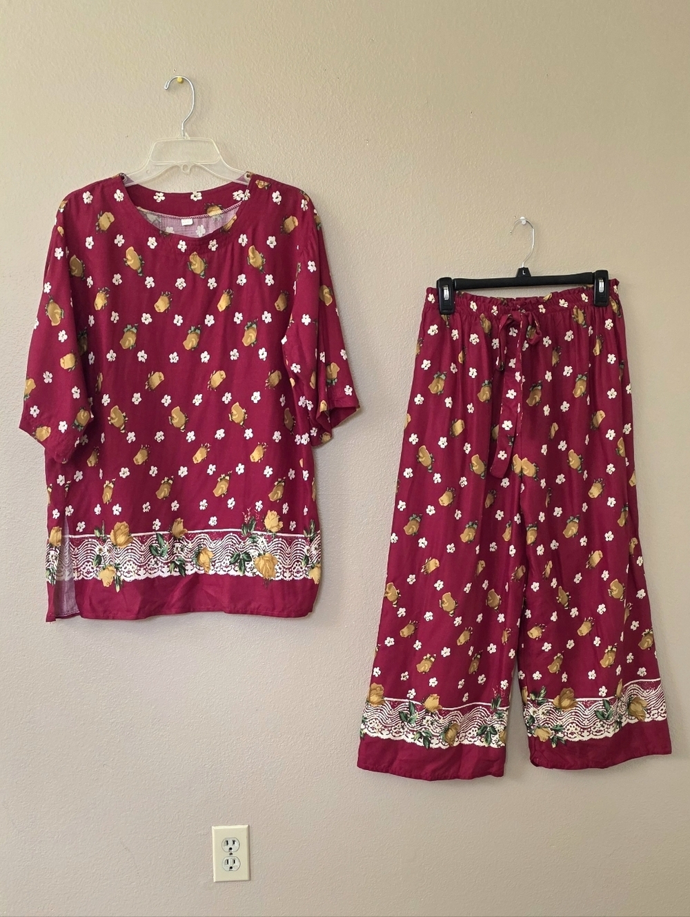 Womens Rose Floral Boho Printed Wide Leg Relaxed 2 Piece Set
